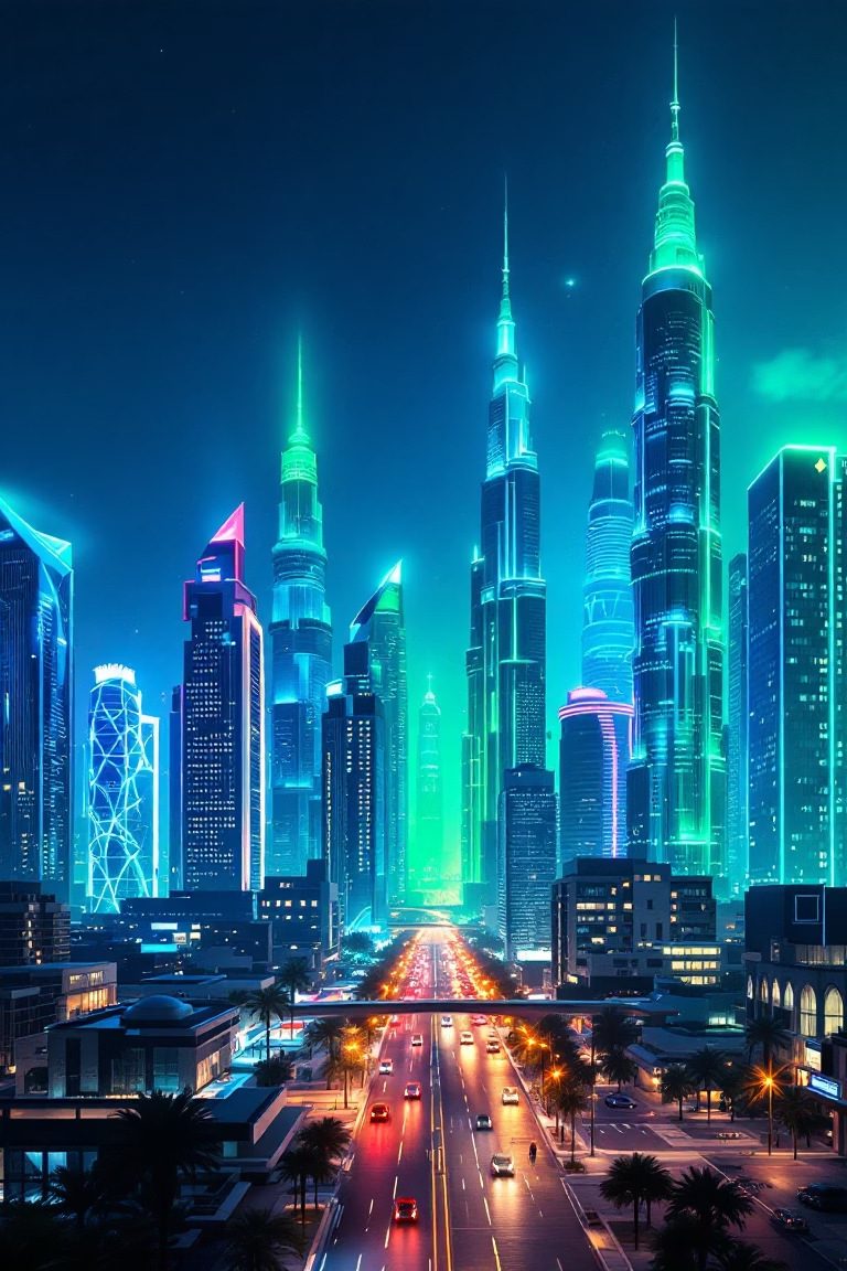 Dubai skyline at night, where KhahanA Insights is based