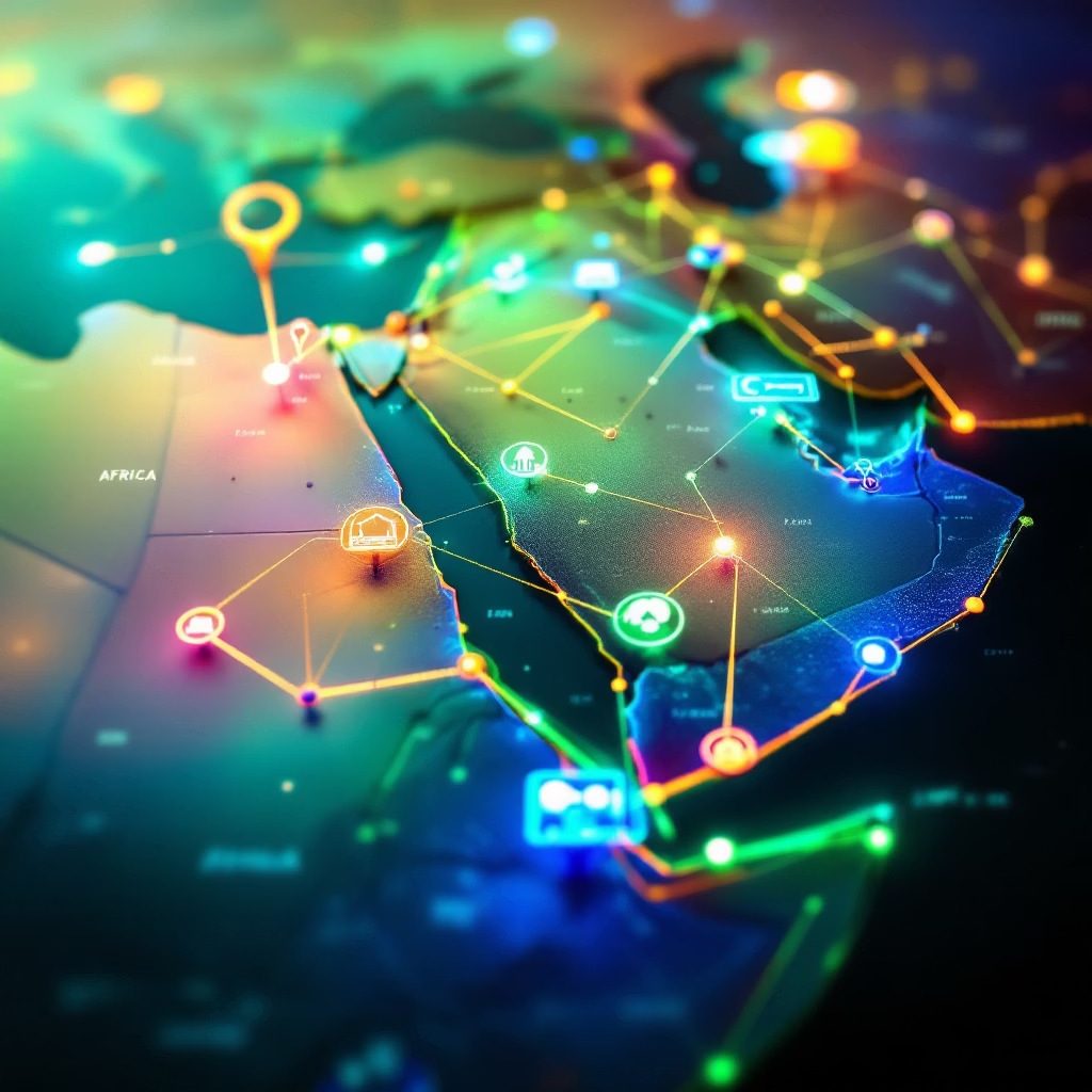Connected map of the Middle East and Africa showing KhahanA market coverage